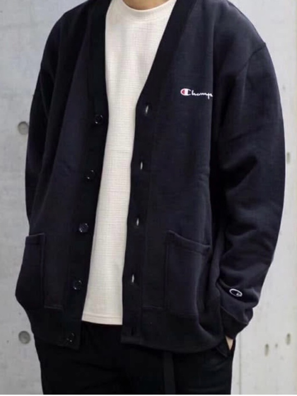 Champion Black Button-Up Cardigan with Embroidered Logo